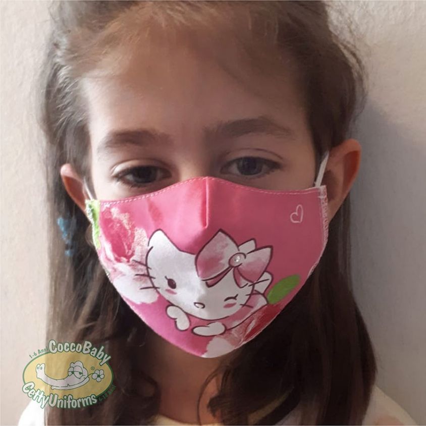Hello Kitty con rosa e strass, Mascherina a conchiglia con Tasca, per bambini e Adulti, in TNT e Cotone